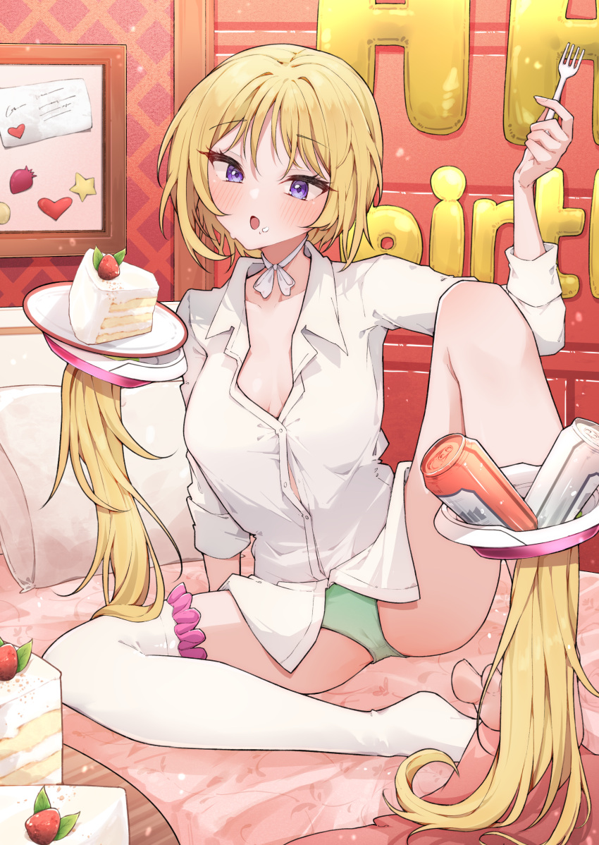 1girl absurdres airenif aki_rosenthal balloon barefoot beer_can blonde_hair bob_cut breasts cake cake_slice can collarbone collared_shirt commission detached_hair drink_can eating food food_on_face fork frilled_thighhighs frills green_panties hands_up happy_birthday highres holding holding_fork hololive indoors knee_up looking_at_food medium_breasts neck_ribbon no_pants on_bed open_mouth panties parted_bangs pillow purple_eyes ribbon shirt short_hair single_thighhigh sitting solo spread_legs thighhighs twintails underwear virtual_youtuber white_ribbon white_shirt white_thighhighs