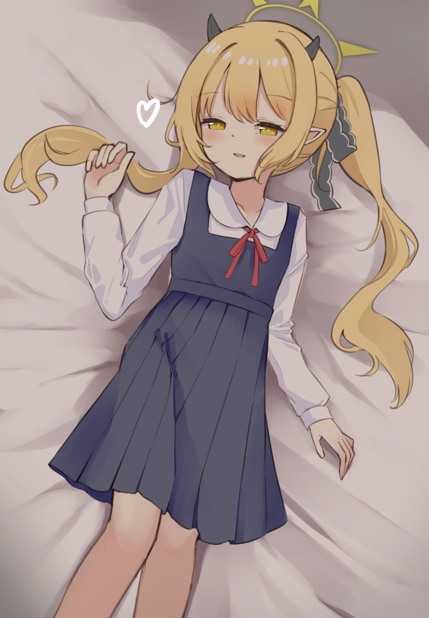 1girl bed_sheet black_horns black_ribbon blonde_hair blue_archive blush bright_pupils collared_shirt demon_horns dot_nose dress feet_out_of_frame grey_dress hair_between_eyes hair_ribbon half-closed_eyes halo heart highres horns ibuki_(blue_archive) long_hair long_sleeves looking_at_viewer lying mosae neck_ribbon no_tail no_wings on_back parted_lips pinafore_dress pleated_dress pointy_ears red_ribbon ribbon shirt sidelocks sleeveless sleeveless_dress solo twintails white_shirt yellow_eyes yellow_halo