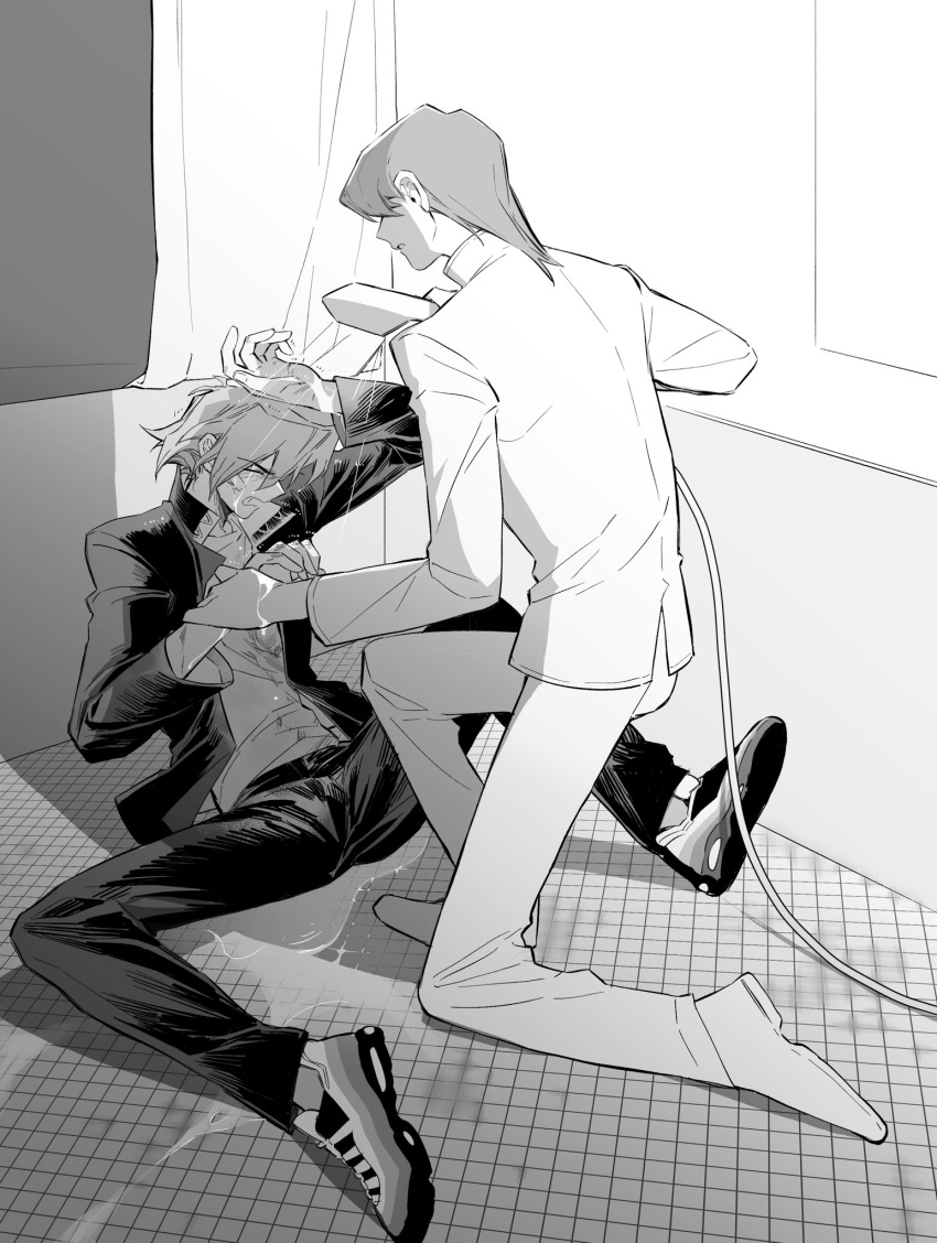 2boys arm_up bandaged_head bandages bathroom belt blush chinese_commentary clenched_teeth closed_eyes clothed_bath commentary dirty dirty_clothes dirty_face distress domino_high_school_uniform facing_away full_body greyscale high_collar highres holding holding_another's_wrist holding_shower_head implied_yaoi indoors jacket jounouchi_katsuya kaiba_seto leaning_back long_sleeves male_focus medium_hair midriff_peek monochrome multiple_boys on_floor on_one_knee open_clothes open_jacket open_mouth pants parted_lips school_uniform screentones shirt shoes shower_curtain shower_head showering sitting sneakers teeth water wet wet_clothes wet_face wet_hair white_footwear white_jacket white_pants white_shirt window yitiaodahe71 yu-gi-oh! yu-gi-oh!_duel_monsters