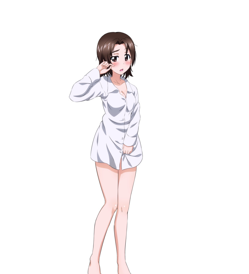 1girl blush breasts brown_eyes brown_hair cleavage collarbone collared_shirt girls_und_panzer highres key_(gaigaigai123) long_sleeves looking_at_viewer medium_breasts open_mouth sawa_azusa shirt short_hair simple_background solo white_background white_shirt