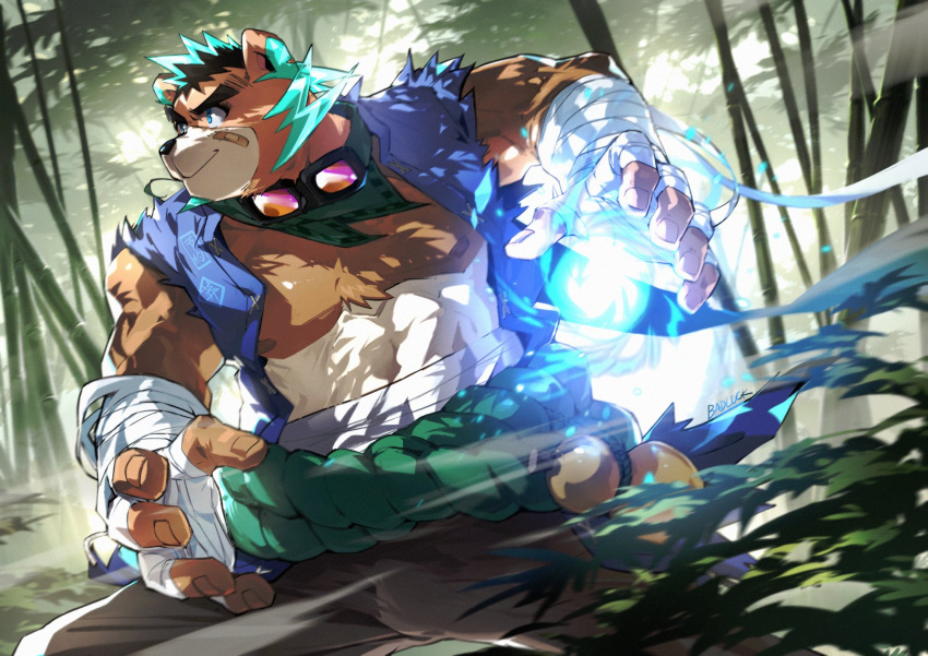 1boy abs animal_ears aqua_hair badluck bandaid bandaid_on_cheek bandaid_on_face bara bare_pectorals bear_boy bear_ears brown_fur energy_ball feet_out_of_frame foreshortening forest furry furry_male highres huge_eyebrows large_pectorals looking_to_the_side magic male_focus midriff_sarashi muscular muscular_male nature nipples original pectorals sarashi smile solo spiked_hair standing