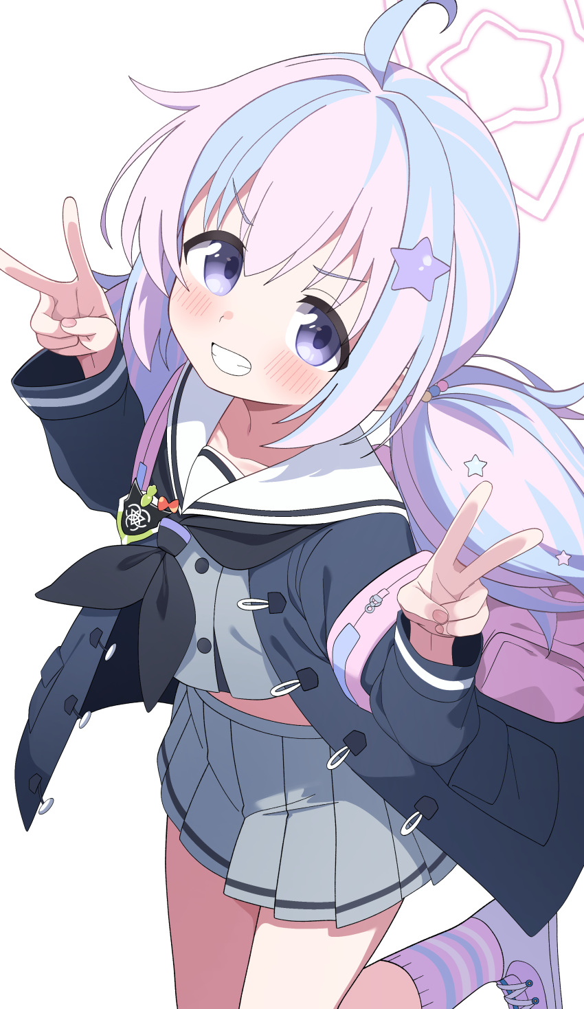 1girl absurdres ahoge black_jacket black_neckerchief blue_archive blush double_v grey_serafuku grey_skirt grin hair_ornament halo highres hiroikara_(smhong04) jacket long_hair long_sleeves looking_at_viewer multicolored_hair neckerchief open_clothes open_jacket pink_hair pink_halo pleated_skirt purple_eyes purple_hair reisa_(blue_archive) sailor_collar school_uniform serafuku shoes simple_background skirt smile socks solo star_(symbol) star_hair_ornament striped_clothes striped_socks twintails v white_background white_footwear white_sailor_collar