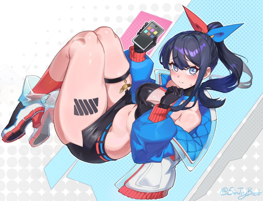 1girl bar_(place) barcode barcode_tattoo black_hair black_skirt blue_eyes blush breasts cleavage full_body gridman_universe jacket long_hair long_sleeves looking_at_viewer medium_breasts navel official_alternate_costume official_alternate_hairstyle open_clothes open_jacket plump sin_(sintrybest) skirt solo ssss.gridman takarada_rikka tattoo thick_thighs thighs