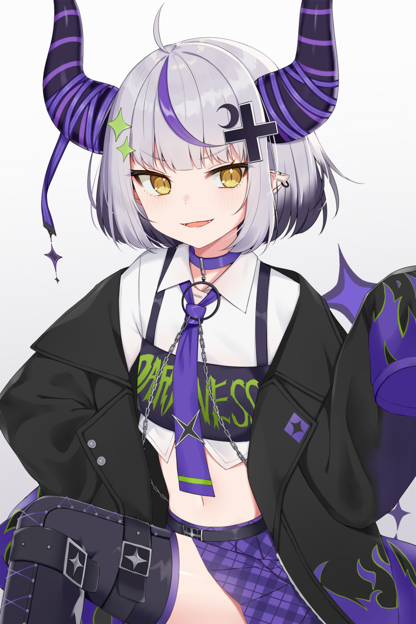 ahoge demon_horns grey_hair highres hololive horns la+_darknesss long_sleeves looking_at_viewer multicolored_hair open_mouth sleeves_past_wrists smile solo streaked_hair striped_horns swon_(joy200892) virtual_youtuber