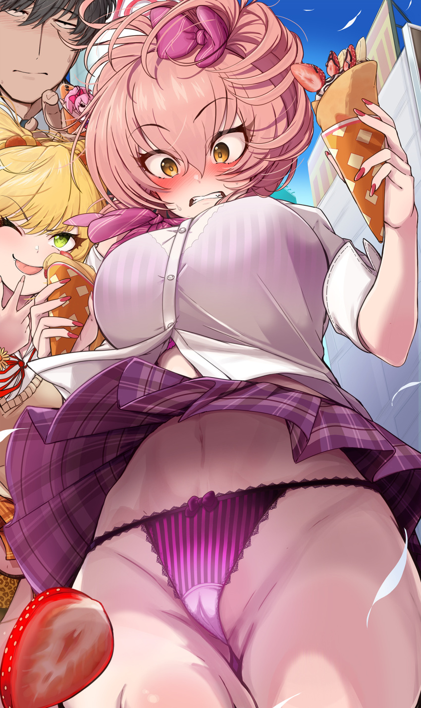 1boy 2girls ;p absurdres accidental_exposure ass_visible_through_thighs blonde_hair bra bra_visible_through_clothes cameltoe crepe embarrassed falling_feathers feathers fingernails food fruit gyaru highres holding holding_food idolmaster idolmaster_cinderella_girls jougasaki_mika jougasaki_rika kogal looking_at_another looking_down morino_shoutarou multiple_girls nail_polish navel one_eye_closed outdoors panties pink_hair plaid plaid_skirt pleated_skirt producer_(idolmaster) producer_(idolmaster_cinderella_girls_anime) purple_bra purple_skirt school_uniform skirt stomach strawberry strawberry_slice striped_bra striped_clothes striped_panties sweatdrop thong tongue tongue_out underwear upskirt vertical-striped_bra vertical-striped_clothes vertical-striped_panties wind