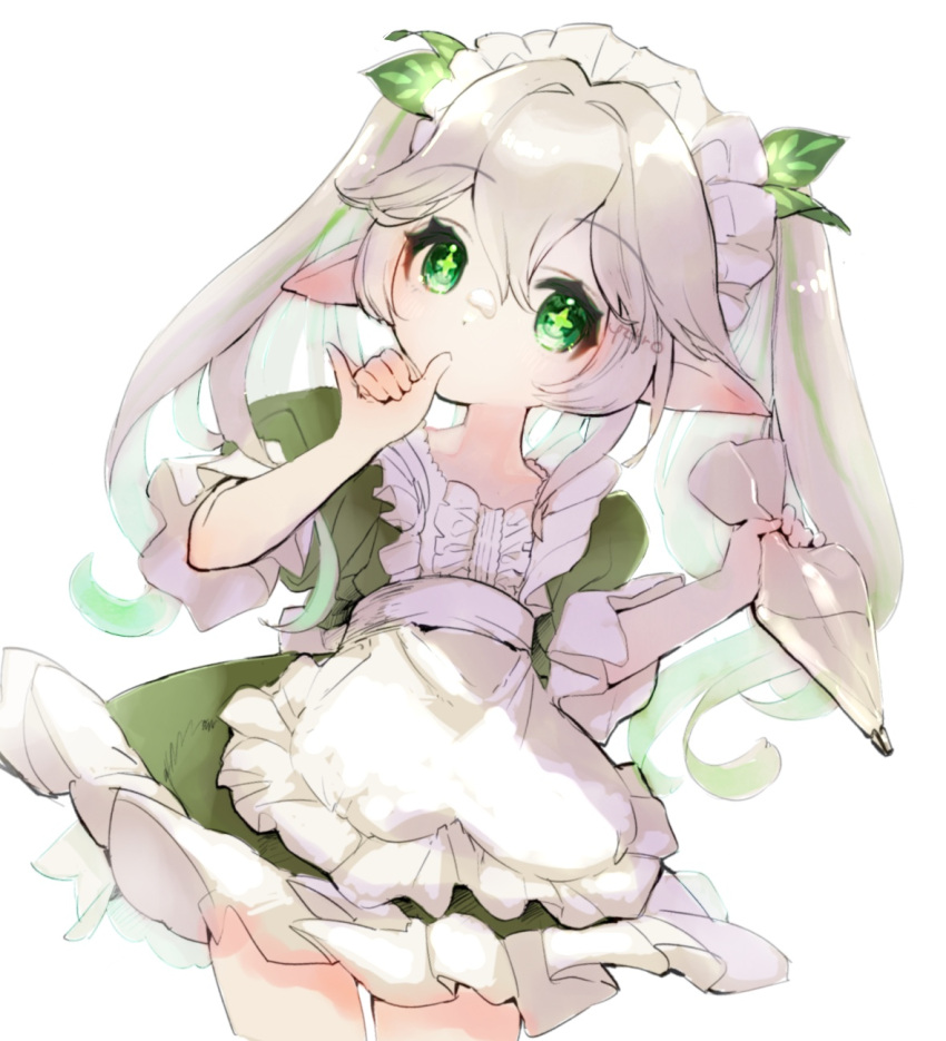 1girl alternate_costume apron commentary_request cross-shaped_pupils dress enmaided finger_in_own_mouth frilled_apron frills genshin_impact gradient_hair green_dress green_eyes green_hair grey_hair hair_between_eyes highres long_hair maid maid_apron maid_headdress multicolored_hair nahida_(genshin_impact) pointy_ears puffy_short_sleeves puffy_sleeves short_sleeves solo streaked_hair symbol-shaped_pupils toro_astro twintails white_apron