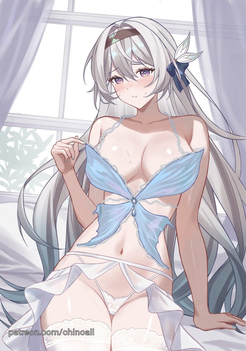 1girl arm_at_side armpit_crease babydoll bare_shoulders black_hairband blue_babydoll blue_hair blue_nails blue_ribbon blush bow breasts chinoa cleavage closed_mouth collarbone cowboy_shot firefly_(honkai:_star_rail) gradient_hair grey_hair hair_between_eyes hair_bow hair_intakes hair_ribbon hairband heart heart_in_eye highleg highleg_panties highres honkai:_star_rail honkai_(series) indoors large_breasts long_hair looking_at_viewer multicolored_hair nail_polish navel panties pulled_by_self purple_eyes ribbon sidelocks solo stomach sweatdrop symbol_in_eye thick_thighs thighhighs thighs underwear white_bow white_panties white_thighhighs window