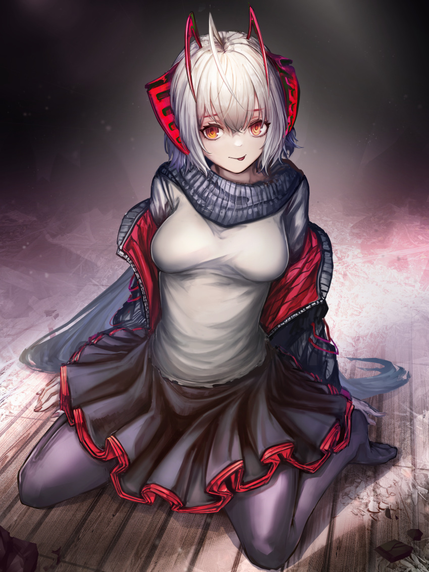 1girl absurdres aki9615 arknights black_jacket black_pantyhose breasts demon_horns grey_hair highres horns jacket looking_at_viewer open_clothes pantyhose scarf shirt short_hair skirt smile solo tail w_(arknights)