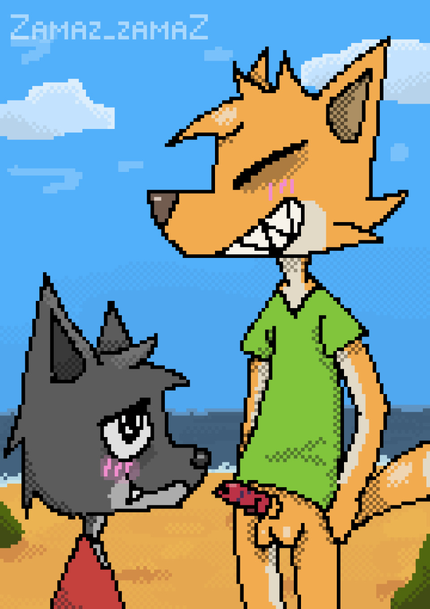 2d_animation animal_genitalia animal_penis animated anthro balls beach bodily_fluids canid canine clothing cum cum_in_mouth cum_inside cum_on_penis digital_media_(artwork) domestic_cat duo erection felid feline felis fellatio fox fur genital_fluids genitals grey_body grey_fur hair hi_res male male/male male_penetrated mammal oral oral_only oral_penetration orange_body orange_fur outside penetration penile penis pixel_(artwork) pixel_animation sex short_playtime smile tail zamaz_zamaz