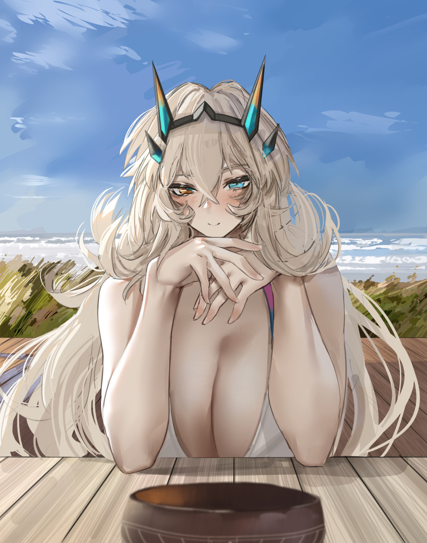 1girl absurdres bare_shoulders barghest_(fate) barghest_(swimsuit_archer)_(fate) barghest_(swimsuit_archer)_(final_ascension)_(fate) beach bikini blonde_hair blue_sky breasts cleavage fate/grand_order fate_(series) green_eyes highres horns huge_breasts long_hair looking_at_viewer multicolored_bikini multicolored_clothes obazzotto sky smile solo swimsuit white_bikini