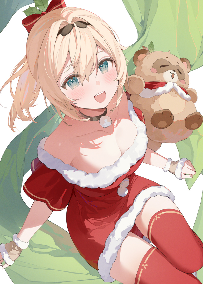 1girl aqua_eyes bare_shoulders blonde_hair bow breasts brown_gloves cleavage dress fingerless_gloves from_above gloves hair_bow hair_ornament hana_mori highres hololive kazama_iroha leaf_hair_ornament looking_at_viewer looking_up medium_breasts official_alternate_costume open_mouth pokobee red_bow red_dress red_thighhighs short_ponytail sitting smile solo teeth thighhighs upper_teeth_only virtual_youtuber