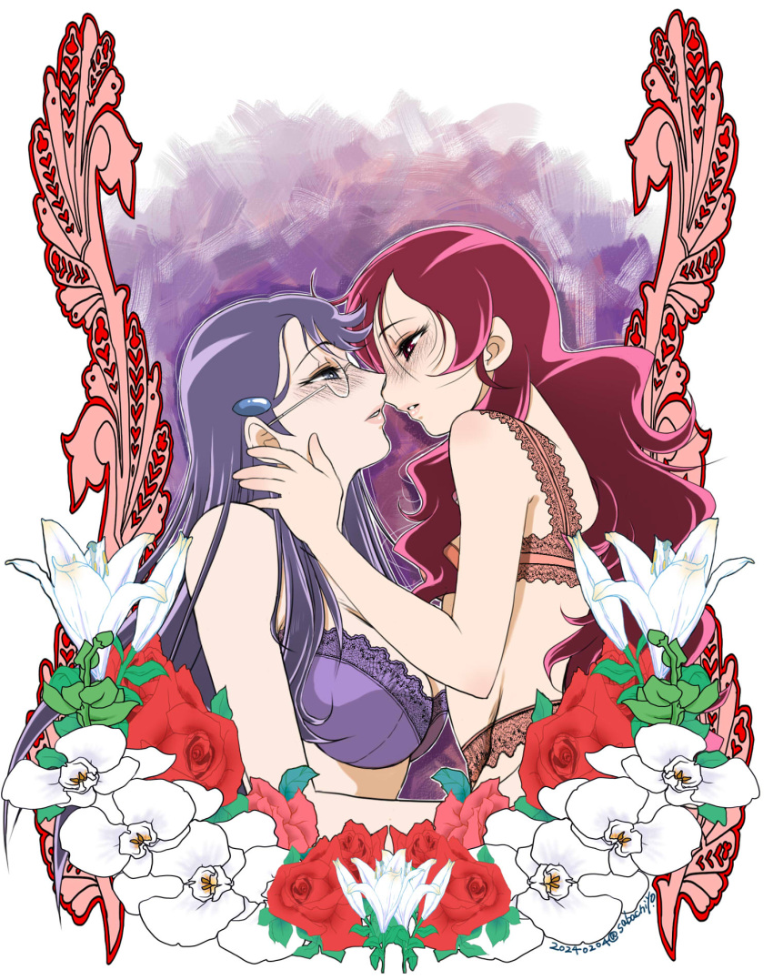 2girls blush bra breasts eye_contact flower glasses hairy hanasaki_tsubomi heartcatch_precure! highres large_breasts long_hair looking_at_another multiple_girls precure purple_bra purple_eyes purple_hair red_bra red_eyes red_flower red_hair sabachiyo_land small_breasts tsukikage_yuri underwear white_flower yuri