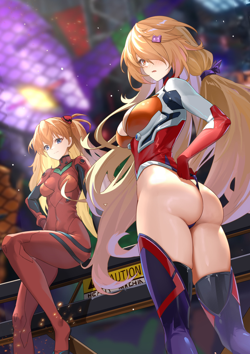 2girls absurdres ass black_thighhighs blonde_hair blue_eyes blurry blurry_background breasts cleavage closed_mouth depth_of_field from_behind gloves hair_over_one_eye hand_on_own_hip highleg highleg_leotard highres lazgear leotard long_hair looking_at_viewer looking_back medium_breasts multiple_girls nemesis_(tower_of_fantasy) neon_genesis_evangelion one_side_up red_eyes red_gloves red_leotard sitting smile souryuu_asuka_langley standing thighhighs thighs tower_of_fantasy twisted_torso very_long_hair