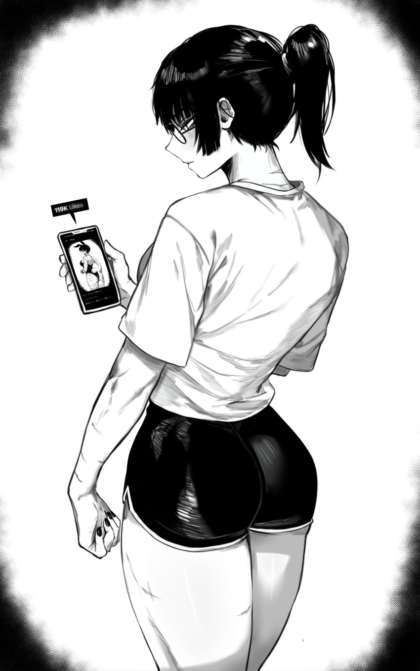 1girl absurdres alternate_costume ass cellphone cellphone_photo closed_mouth commentary english_commentary fingernails from_behind glasses greyscale highres holding holding_phone jujutsu_kaisen long_hair monochrome phone ponytail profile round_eyewear shirt short_shorts short_sleeves shorts solo t-shirt thighs zen'in_maki zovokia