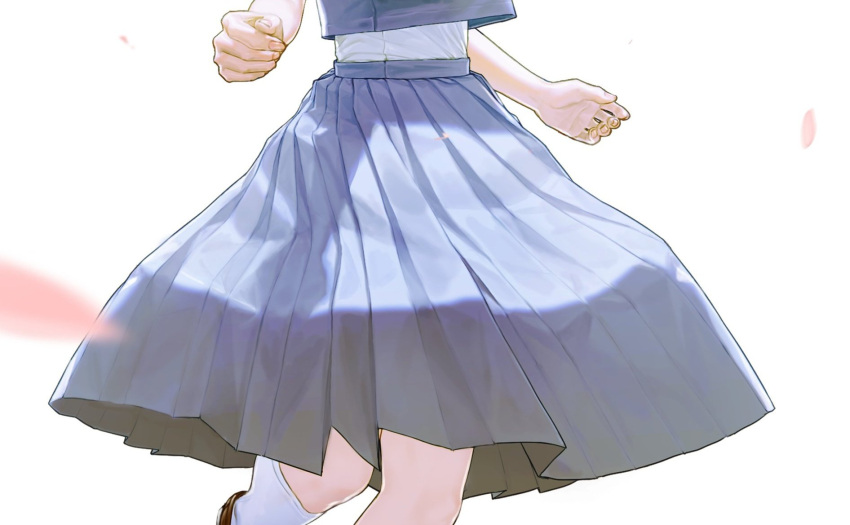 1girl bare_arms black_footwear blue_skirt commentary_request fingernails highres kneehighs korean_commentary leetaebaek lower_body medium_skirt original petals running shoes simple_background skirt skirt_set socks solo white_background white_socks white_undershirt