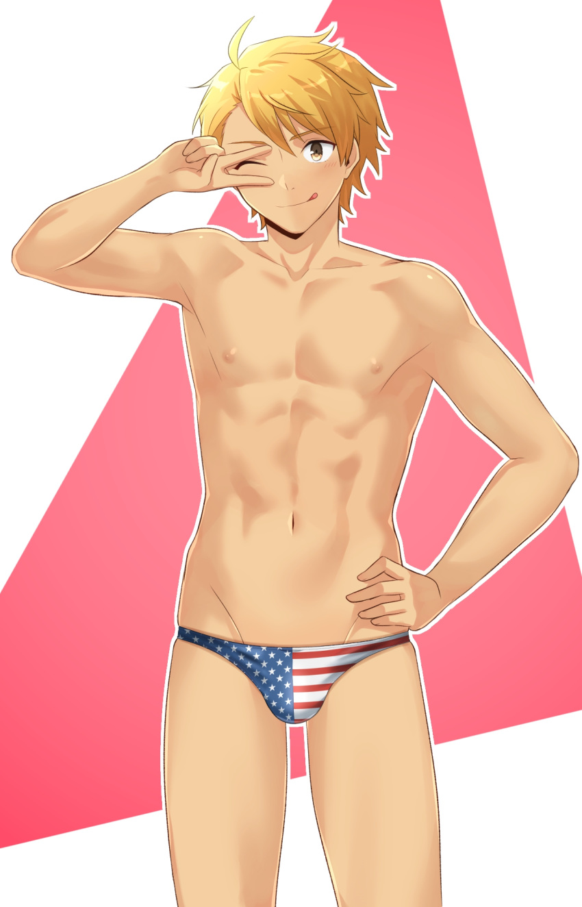 1boy ;p ahoge american_flag_male_swimwear blonde_hair blush brown_eyes bulge collarbone commentary_request cowboy_shot groin hand_on_own_hip hand_up highres licking_lips linea_alba looking_at_viewer male_focus male_swimwear navel nipples one_eye_closed original pectorals print_male_swimwear short_hair skindentation solo standing swim_briefs toned toned_male tongue tongue_out v v_over_eye variant_set yuya_hytk