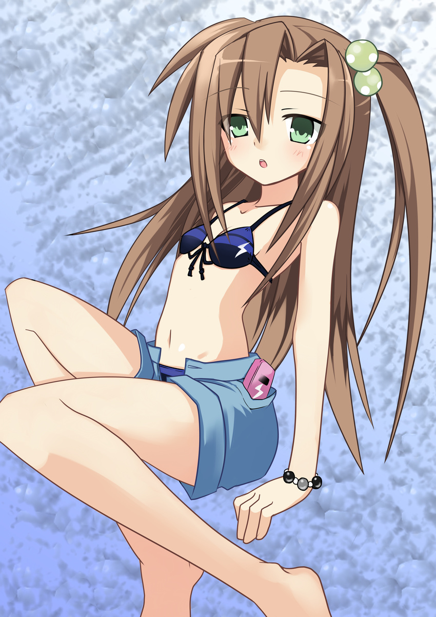 :o absurdres alternate_costume bikini blush bracelet brown_hair cellphone collarbone flat_chest green_eyes hair_bobbles hair_ornament highres if_(choujigen_game_neptune) jewelry long_hair meimu_(infinity) navel neptune_(series) one_side_up open_mouth phone sitting solo swimsuit unzipped very_long_hair