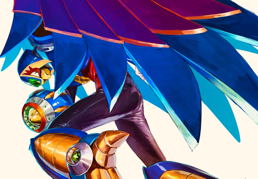 1boy arm_cannon beak cairngorm999 claws forehead_jewel from_behind helmet highres looking_at_viewer mechanical_wings mega_man_(series) mega_man_x_(series) non-humanoid_robot robot robot_animal simple_background storm_eagle_(mega_man) weapon white_background wings