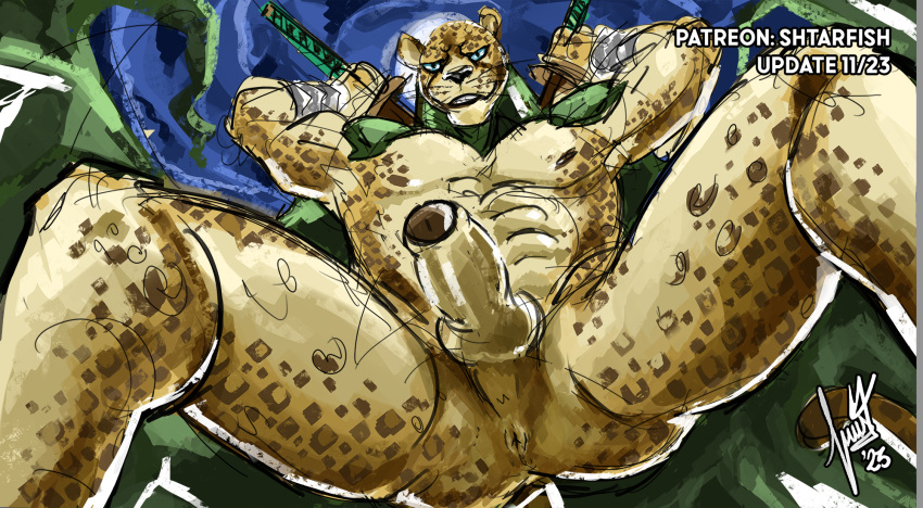 abs anthro anus dark_penis felid foreskin genitals gold_sword hi_res leopard low-angle_view male mammal melee_weapon muscular muscular_male nipples nude ose_(megami_tensei) pantherine partially_retracted_foreskin penis shtarfish solo spread_legs spreading standing sword weapon worm's-eye_view