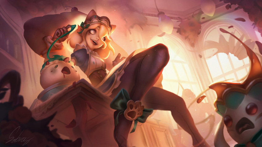 1girl :d absurdres alternate_costume artist_name blonde_hair blurry blurry_background bow breasts briar_(league_of_legends) brown_pantyhose cherry cup dress enmaided food footwear_bow from_below fruit green_bow green_dress highres indoors lamp league_of_legends maid mug pantyhose puffy_short_sleeves puffy_sleeves sharp_teeth short_sleeves sitting small_breasts smile sobras_(sobrassart) teacup teeth white_eyes window