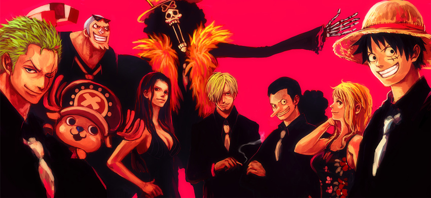 6+boys antlers bad_id bad_pixiv_id black_eyes black_hair blonde_hair blue_hair breasts brook cigarette cleavage cyborg deer dress everyone eyewear_on_head facial_hair faux_traditional_media feather_boa formal franky green_hair grin hair_over_one_eye hand_in_hair hat height_difference long_hair looking_at_viewer looking_away medium_breasts monkey_d_luffy multiple_boys multiple_girls nami_(one_piece) necktie nico_robin one_piece open_mouth orange_hair ponytail profile red roronoa_zoro sanji scar short_hair simple_background skeleton smile smoking straight_hair straw_hat suit sunglasses tony_tony_chopper tsuyomaru usopp wavy_hair