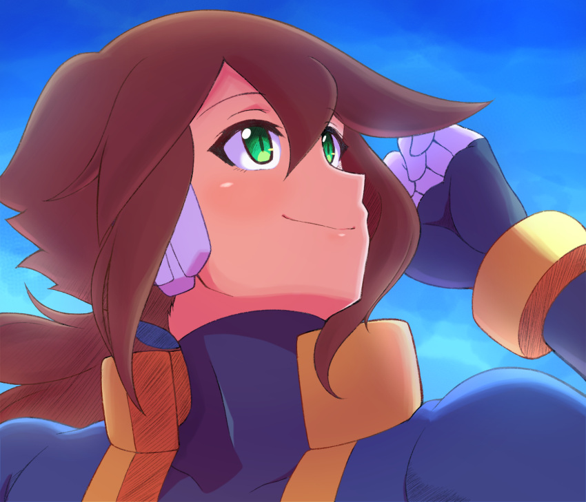 1girl aile_(mega_man_zx) black_bodysuit blue_jacket blue_sky bodysuit bodysuit_under_clothes brown_hair close-up covered_collarbone green_eyes highres jacket long_hair looking_up mega_man_(series) mega_man_zx mega_man_zx_advent nobuyu_(77yusei) open_clothes open_jacket ponytail robot_ears sky solo