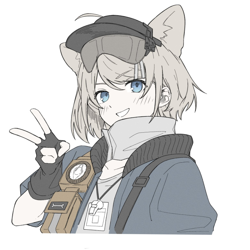 1girl :d almond_(arknights) animal_ears arknights arm_at_side bandana_around_neck black_gloves blue_eyes blue_jacket cat_ears cat_girl collared_jacket cropped_torso fingerless_gloves flat_color gloves grey_bandana grey_hair grey_shirt grin hand_up highres id_card jacket kyoro_(kyoroillust) lanyard long_sleeves looking_at_viewer open_mouth shirt short_hair sidelocks simple_background smile solo teeth v visor_cap whistle whistle_around_neck white_background