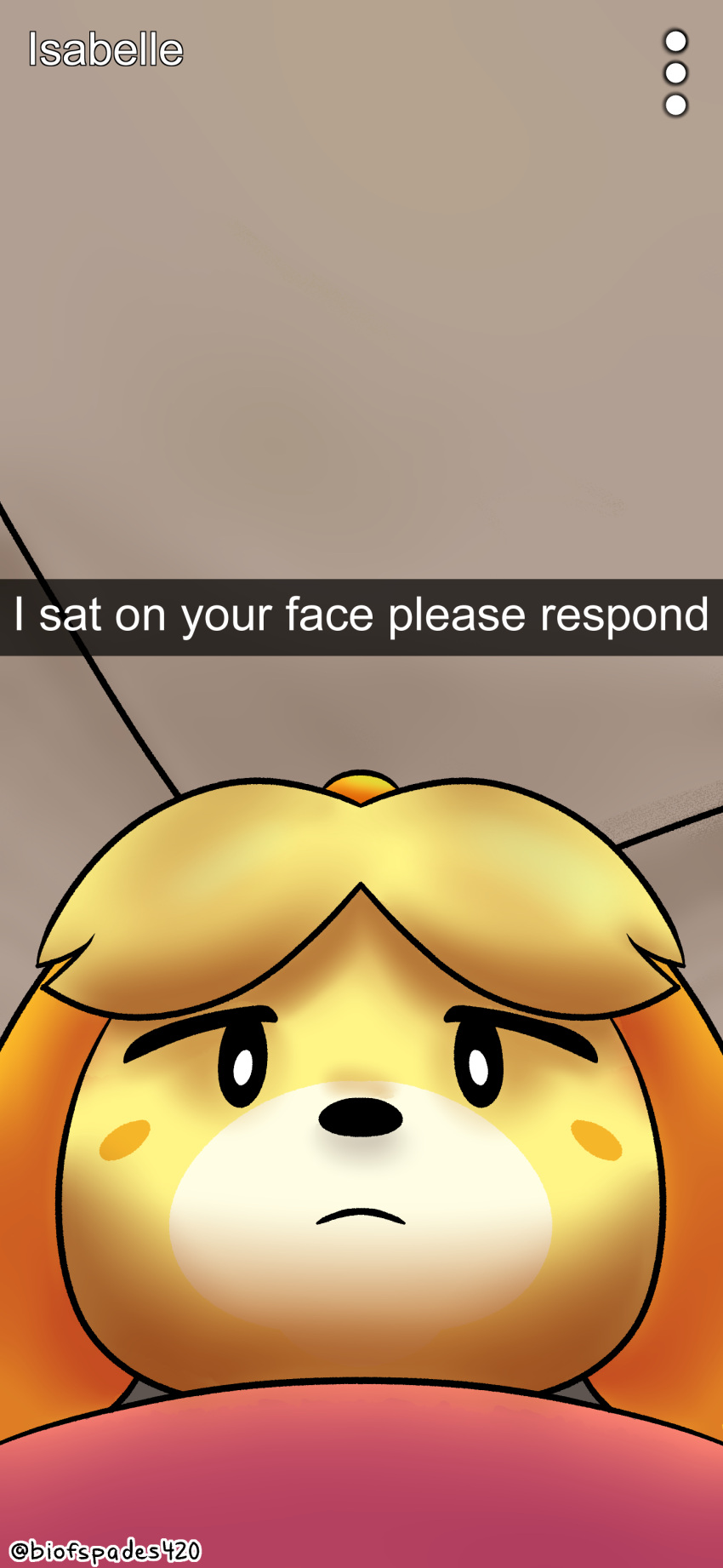 absurd_res animal_crossing anthro biofspades420 canid canine canis clothed clothing digital_media_(artwork) domestic_dog english_text female fur hair hi_res isabelle_(animal_crossing) looking_at_viewer low-angle_view mammal meme nintendo selfie shih_tzu simple_background snapchat solo text toy_dog yellow_body yellow_fur