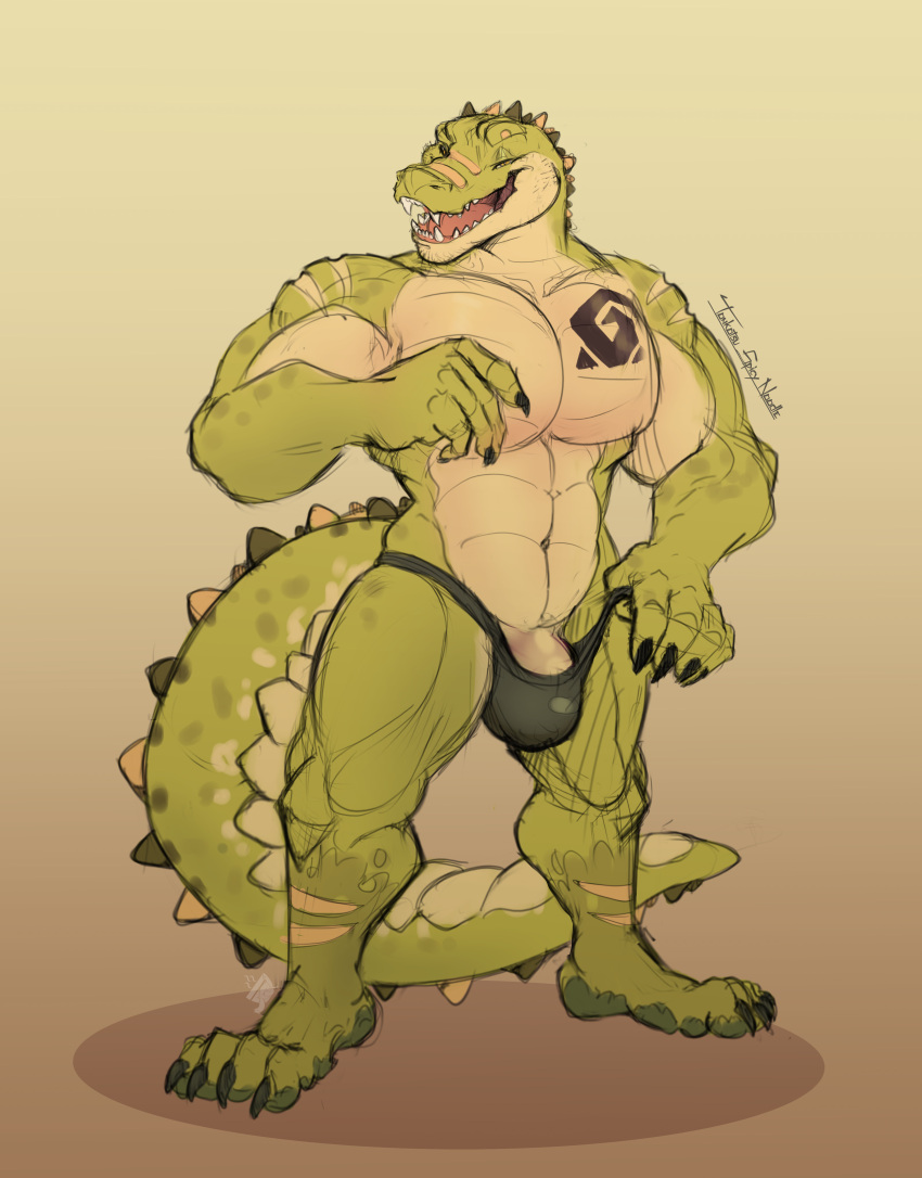 absurd_res alligator alligatorid anthro bulge clothed clothing crocodilian genitals hi_res humanoid_genitalia male muscular open_mouth partially_clothed pecs provocative reptile scalie smile smiling_at_viewer smug_face solo tattoo thong tonkotsu_spicy_noodle underwear underwear_down