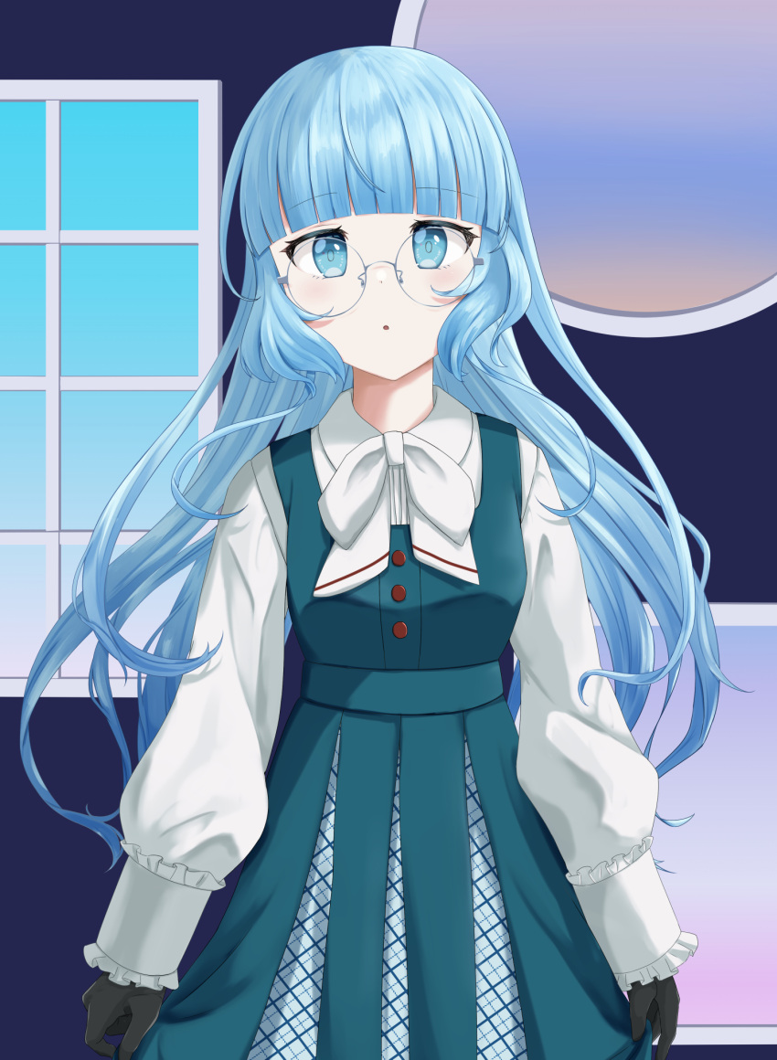 1girl black_gloves blue_dress blue_eyes blue_hair blunt_bangs bow dress glasses gloves highres indoors light_blue_hair long_sleeves looking_at_viewer original ruhina shirt skirt_hold standing white_bow white_shirt window