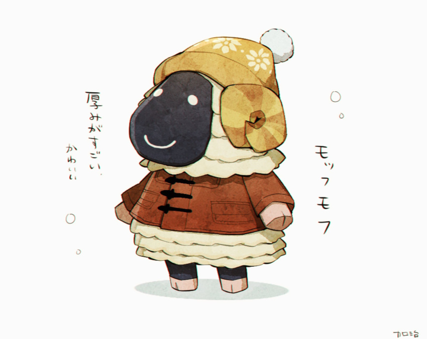 1girl animal_crossing beanie brown_horns closed_mouth curled_horns furry furry_female hat highres horns jacket kaji_(oni_atat) long_sleeves pocket pom_pom_(clothes) pom_pom_beanie red_jacket sheep_girl simple_background smile snowing solo standing translation_request vesta_(animal_crossing) white_background white_eyes yellow_hat yellow_horns