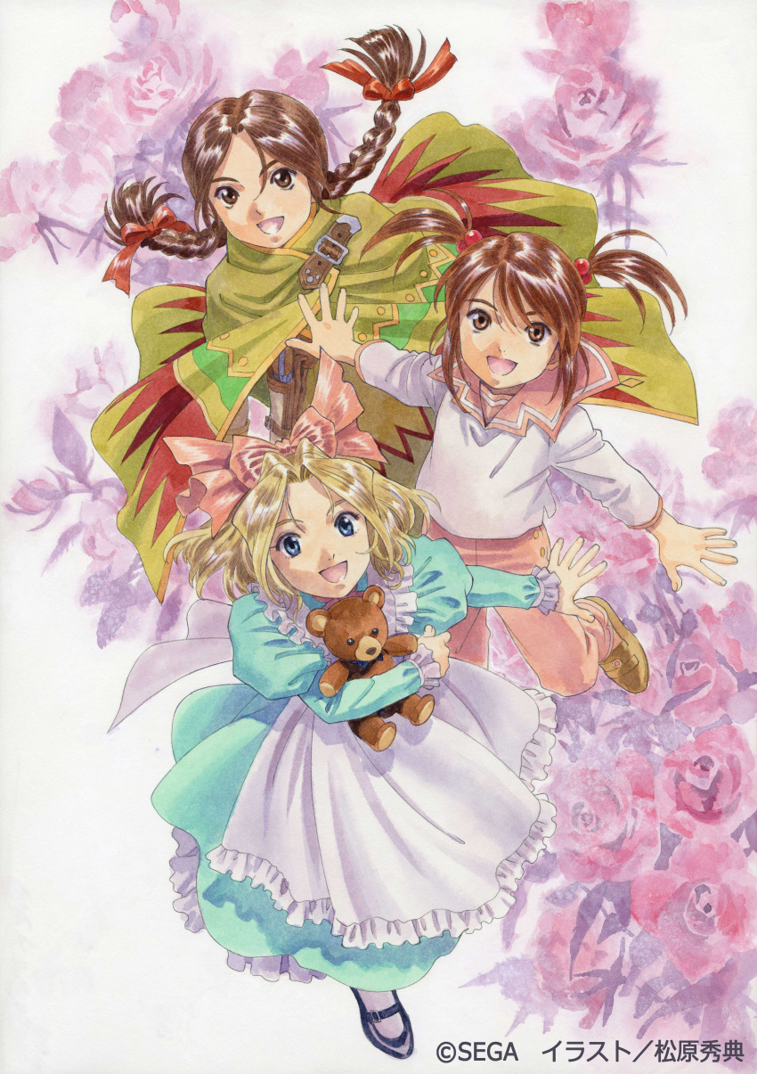 3girls :d absurdres apron artist_name belt black_footwear blonde_hair blue_eyes bow braid brown_eyes brown_footwear brown_hair child collar coquelicot_(sakura_taisen) dress english_text everyone flower frilled_apron frilled_sleeves frills full_body green_dress green_poncho green_sleeves group_picture gun hair_bobbles hair_flower hair_ornament hair_ribbon highres holding iris_chateaubriand jean-paul juliet_sleeves leggings long_hair long_sleeves looking_at_viewer mary_janes matsubara_hidenori multiple_girls official_art open_eyes open_mouth pants pink_bow pink_collar pink_pants poncho puffy_sleeves ribbon rikaritta_aries rose sailor_collar sakura_taisen sakura_taisen_iii sakura_taisen_v sega shoes short_hair short_twintails shotgun sidelocks simple_background smile standing standing_on_one_leg stuffed_animal stuffed_toy teddy_bear twin_braids twintails weapon white_apron white_leggings white_sleeves zig-zag_pattern