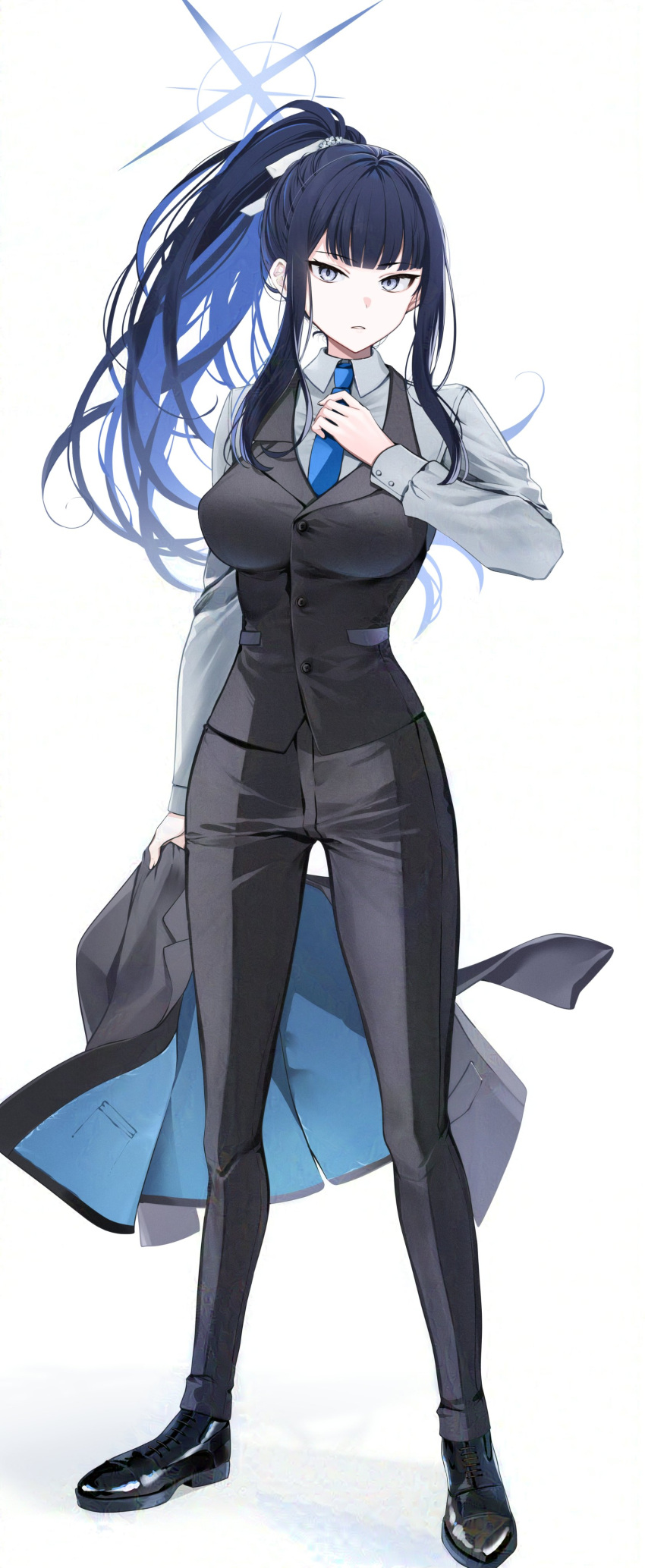 1girl absurdres adjusting_clothes adjusting_necktie black_hair blue_archive blue_halo breasts colored_inner_hair halo highres holding holding_clothes holding_jacket jacket large_breasts long_sleeves looking_at_viewer multicolored_hair necktie pants ponytail saori_(blue_archive) simple_background suit vest white_background yunamaro