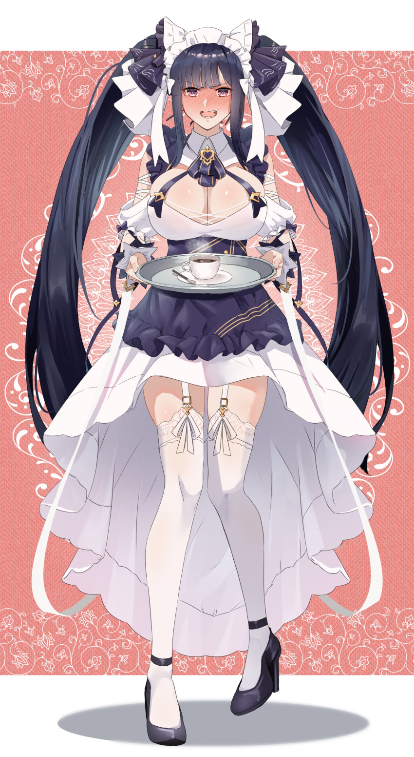 1girl absurdres apron ascot azur_lane bare_shoulders black_hair blush breasts cheshire_(azur_lane) cheshire_(azur_lane)_(cosplay) cleavage cosplay detached_sleeves dress embarrassed frilled_hairband frilled_ribbon frills full_body garter_belt garter_straps hairband highres kento_(kentdrawing) large_breasts layered_dress long_hair long_ribbon looking_at_viewer maid maid_headdress open_mouth peter_strasser_(azur_lane) pink_background puffy_detached_sleeves puffy_sleeves purple_apron purple_ascot purple_eyes ribbon solo thighhighs twintails very_long_hair white_background white_garter_belt white_garter_straps white_thighhighs wrist_cuffs