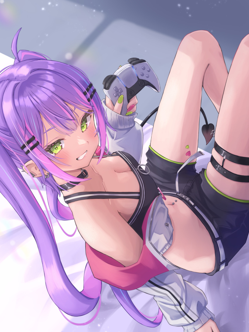 1girl black_choker black_shorts black_tank_top blush breasts choker cleavage controller crop_top cropped_jacket demon_girl demon_tail ear_piercing game_controller green_eyes green_nails hair_ornament hairpin highres holding holding_controller holding_game_controller hololive jacket long_hair looking_at_viewer medium_breasts mihaeru multicolored_hair multicolored_nails nail_polish navel_piercing o-ring o-ring_choker piercing pink_hair pink_nails purple_hair short_shorts shorts smile solo streaked_hair tail tail_ornament tail_piercing tank_top thigh_strap tokoyami_towa tokoyami_towa_(1st_costume) twintails virtual_youtuber white_jacket