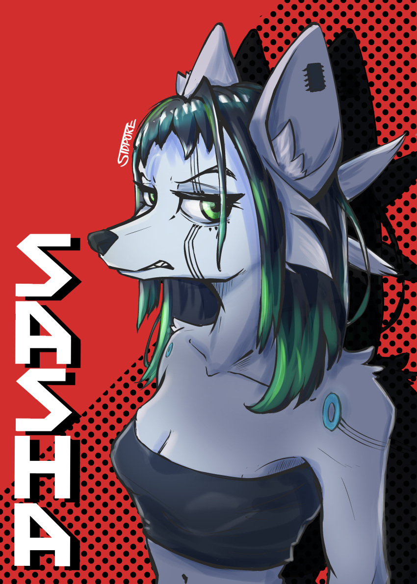 absurd_res angry anthro arctic_fox canid canine clothing cybernetics electronics eyewear female fox fur glasses green_eyes green_hair hair hair_dye hi_res humanoid machine mammal pigtails sasha_(system_exception) sidpoke slim solo topwear true_fox white_body white_fur