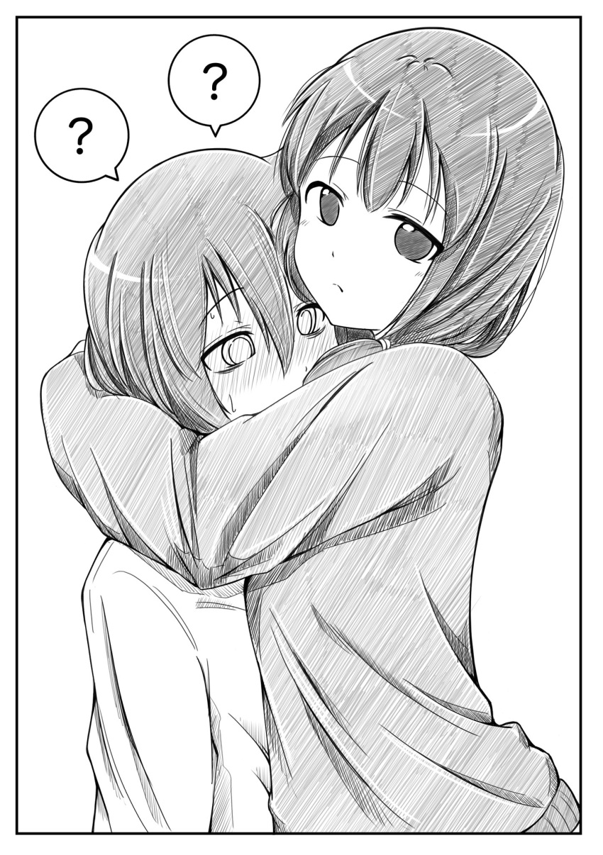 2girls ? azuminonomizua bags_under_eyes blush border greyscale hair_between_eyes hatching hatching_(texture) highres hug kuroki_tomoko linear_hatching long_sleeves looking_at_viewer low_twintails monochrome multiple_girls short_twintails spoken_question_mark sweatdrop tamura_yuri twintails watashi_ga_motenai_no_wa_dou_kangaetemo_omaera_ga_warui! yuri