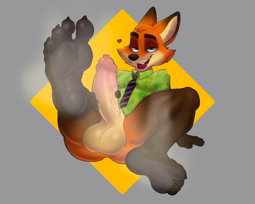 aloha_shirt anthro balls bedroom_eyes big_butt big_penis black_feet black_nose blue_necktie brown_body brown_fur brown_legs butt button_down_shirt canid canine claws clothed clothing collared_shirt disney ear_tuft eyebrows facial_tuft feet foot_fetish foot_focus foreskin fox fox_ears fur genitals glistening glistening_balls glistening_body glistening_feet glistening_genitalia glistening_legs glistening_penis green_button-down_shirt green_clothing green_shirt green_topwear grey_background gripping_penis hand_on_penis head_tuft heart_symbol hi_res holding_penis humanoid_feet humanoid_genitalia leaf_pattern light lighting lying male mammal masturbation musk musk_clouds narrowed_eyes necktie nick_wilde open_mouth open_smile orange_body orange_fur pantsless partially_clothed pattern_clothing pattern_shirt pattern_topwear penis pink_penis plantigrade raised_eyebrows raised_foot raised_leg randy_d_raccoon red_fox red_necktie seductive shaded shiny_eyelids shirt simple_background smile solo solo_focus spread_toes tailless tan_body tan_fur tan_penis teeth tight_foreskin toe_claws toes tongue topwear true_fox tuft vein veiny_penis wrinkles yellow_background zootopia