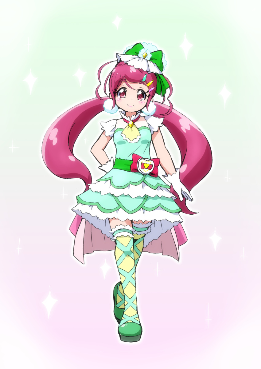 1girl blush bow closed_mouth dot_nose dress gloves gradient_background green_background green_bow green_dress green_footwear green_thighhighs hair_bow hair_ornament hairclip hand_on_own_hip highres hugtto!_precure itommy long_hair looking_at_viewer low_twintails magical_girl multicolored_background nono_kotori pink_background pink_bow pink_eyes pink_hair precure shoes short_dress smile solo sparkle straight-on tachi-e thighhighs twintails unofficial_precure_costume waist_bow white_gloves