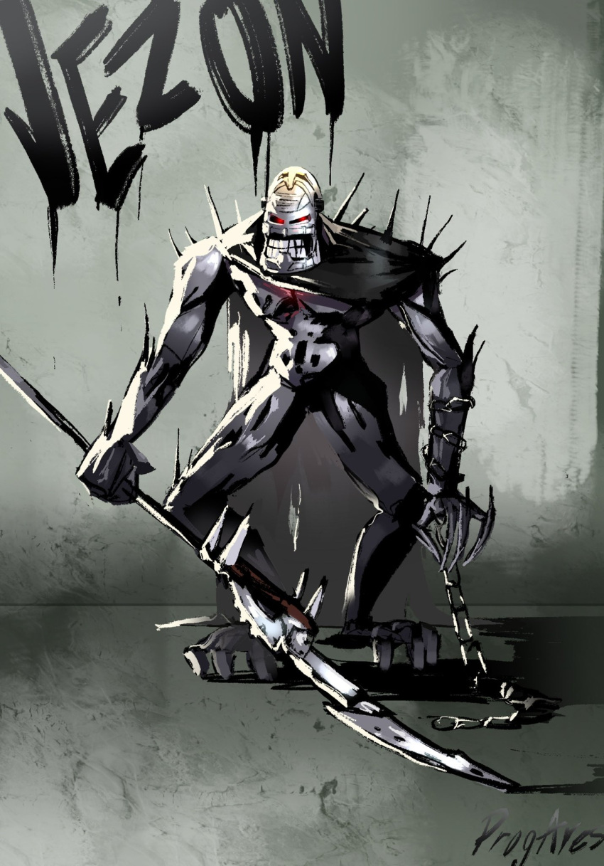 1boy angry artist_name bionicle black_cape cape clenched_teeth colored_skin grey_skin highres holding holding_polearm holding_weapon naked_cape no_penis polearm prog_ares red_eyes shadow solo spear spikes teeth the_lego_group vezon_(bionicle) weapon