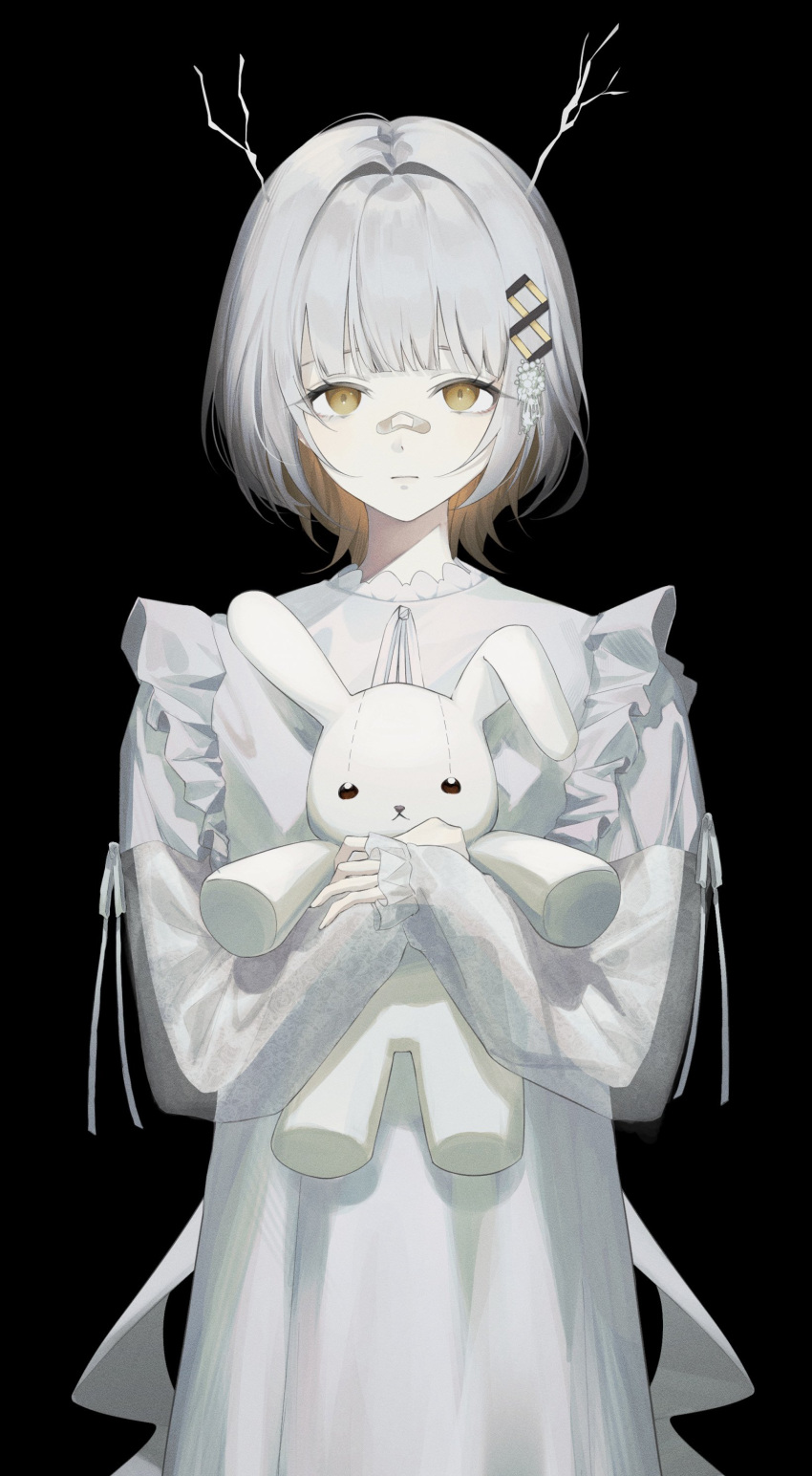 1girl absurdres alternate_costume amn_ic01 bandaid bandaid_on_face bandaid_on_nose black_background blonde_hair blunt_bangs closed_mouth colored_inner_hair commentary dress expressionless frilled_dress frills grey_hair hachi_(live_union) hair_ornament highres holding holding_stuffed_toy horns live_union long_sleeves looking_at_viewer multicolored_hair nightgown official_art short_hair simple_background sleeves_past_wrists solo standing stuffed_animal stuffed_rabbit stuffed_toy two-tone_hair virtual_youtuber white_dress white_horns yellow_eyes