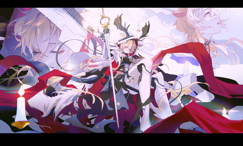 1girl absurdres animal_ears antlers antlers_through_hood arknights black_dress blonde_hair chinese_commentary closed_eyes coat commentary_request deer_antlers deer_ears deer_girl dress empty_eyes fanlan_c highres holding holding_staff horns knees_up long_hair looking_at_viewer looking_up multiple_views pantyhose parted_lips purple_eyes red_scarf scarf staff very_long_hair viviana_(arknights) white_coat white_footwear white_hood white_pantyhose
