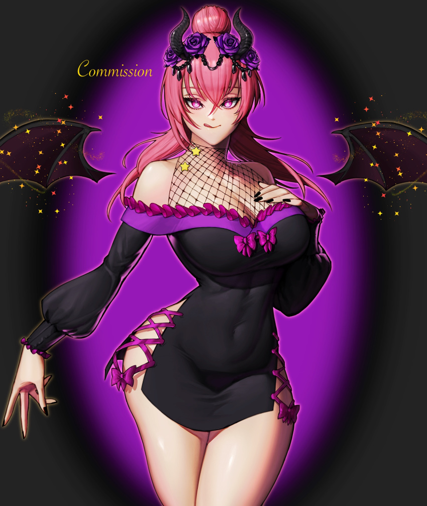 1girl black_dress black_nails blush bow breasts cleavage commission covered_navel demon_girl demon_horns dress emo37337640 english_text fishnets flower hair_flower hair_ornament highres horns large_breasts licking_lips long_hair long_sleeves original pink_bow pink_eyes pink_hair purple_flower short_dress side_slit skeb_commission solo star_(symbol) symbol-shaped_pupils tongue tongue_out wings