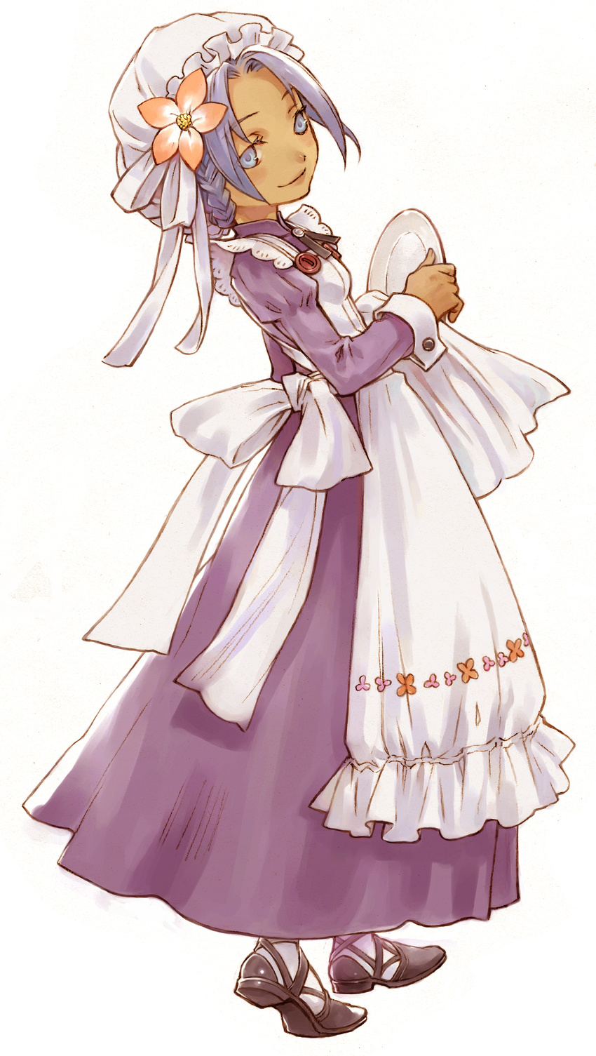 absurdres blue_eyes blue_hair dark_skin hat highres holding iwasaki_minako maid plate rune_factory rune_factory_1 simple_background smile solo tabatha white_background