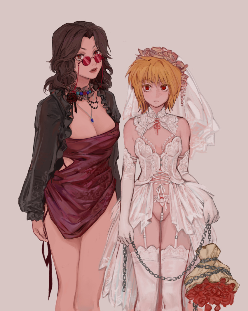 2girls absurdres bouquet breasts bridal_gauntlets bridal_veil brown_eyes brown_hair chain cleavage curly_hair dark-skinned_female dark_skin dress flower genderswap genderswap_(mtf) grey_background highres hunter_x_hunter ik18166181ik jewelry kurapika large_breasts leorio_paladiknight lingerie looking_at_another looking_at_viewer multiple_girls necklace red_dress red_eyes red_flower red_lips red_rose revealing_clothes rose round_eyewear short_hair standing sunglasses underwear veil wedding_dress white_bridal_gauntlets