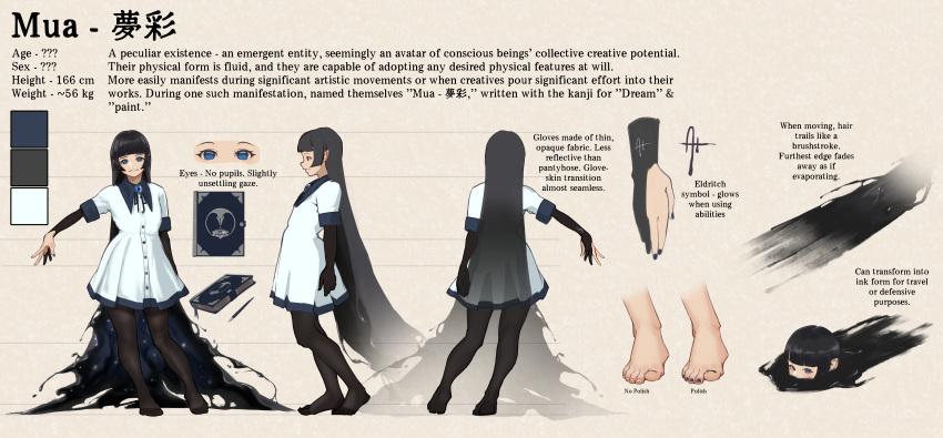 1girl absurdres aiharararara barefoot black_gloves black_hair black_pantyhose blue_eyes blunt_bangs character_name character_profile closed_mouth collared_dress dress elbow_gloves empty_eyes english_commentary english_text feet from_behind from_side full_body gloves heel_up highres long_hair looking_at_viewer mixed-language_commentary mua_(aiharararara) multiple_views nail_polish no_shoes original pantyhose partially_fingerless_gloves reference_sheet short_dress standing toenail_polish toenails toes very_long_hair white_dress