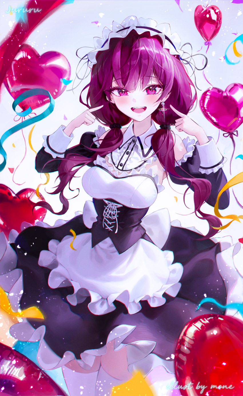 1girl absurdres alternate_costume apron balloon bare_shoulders black_dress breasts center_frills detached_collar detached_sleeves dress earrings enmaided frilled_dress frilled_sleeves frills hair_over_shoulder hands_up heart_balloon highres index_fingers_raised jewelry jinbin825 juliet_sleeves jururu large_breasts long_hair long_sleeves looking_at_viewer low_twintails maid maid_apron maid_headdress open_mouth puffy_sleeves purple_eyes purple_hair smile solo strapless strapless_dress thighhighs twintails underbust virtual_youtuber waist_apron waktaverse white_thighhighs wing_collar