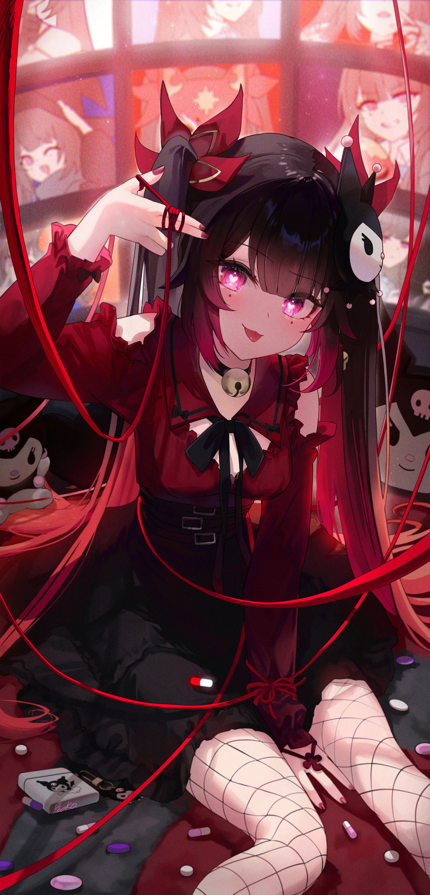 1girl :3 :p absurdres bell black_choker black_hair black_ribbon breasts choker commentary_request fishnet_pantyhose fishnets heart heart-shaped_pupils highres honkai:_star_rail honkai_(series) jingle_bell kuromi long_hair looking_at_viewer nail_polish neck_bell onegai_my_melody pantyhose pink_eyes pistachiocream red_nails red_shirt ribbon sanrio shirt sitting small_breasts sparkle_(honkai:_star_rail) symbol-shaped_pupils television tongue tongue_out twintails very_long_hair