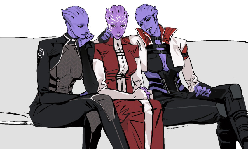 3girls alien aria_t'loak arm_around_shoulder asari_(mass_effect) black_bodysuit blue_skin bodysuit breasts cbb_(tuucoo) colored_skin commentary_request couch cropped_jacket crossed_legs dress evil_grin evil_smile facial_mark fingerless_gloves girl_sandwich gloves grin hand_on_another's_cheek hand_on_another's_face head_rest highres holding_own_arm knee_pads large_breasts liara_t'soni long_dress mass_effect_(series) mass_effect_2 mature_female multiple_girls nervous_sweating popped_collar purple_eyes purple_lips purple_skin red_dress revealing_clothes sandwiched sitting smile sweat tentacle_hair tevos_(mass_effect) turtleneck_dress white_background you_gonna_get_raped yuri