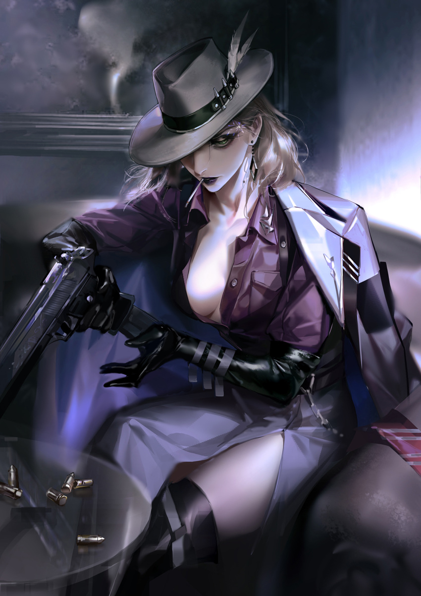 1girl 52976 black_gloves black_lips blonde_hair breasts bullet cigarette cleavage collared_shirt earrings elbow_gloves gloves green_eyes gun hat hat_feather highres holding holding_weapon jacket jacket_on_shoulders jewelry langley_(path_to_nowhere) path_to_nowhere red_shirt shirt sitting smoke weapon